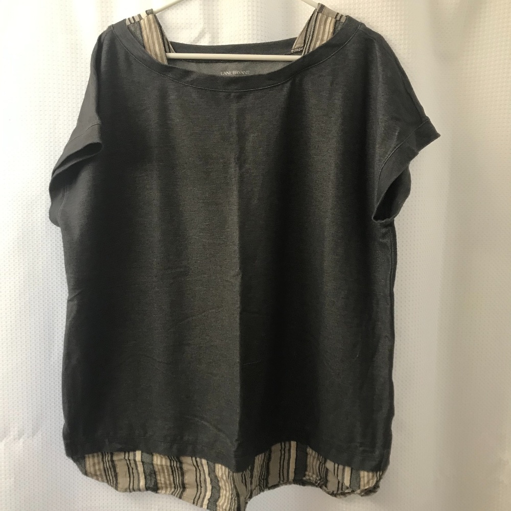 Lane Bryant Gray Shirt with Striped-Fabric Accent